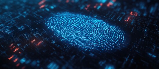 Poster - 3D illustration of a fingerprint scan illustrating biometric identification for secure access highlighting themes of fingerprint hacking and digital security through binary code