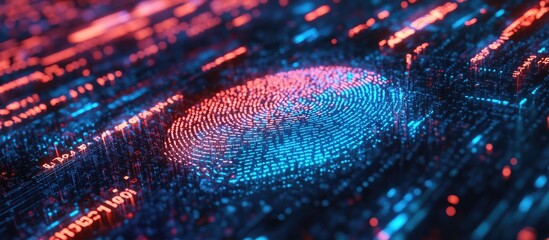 3D illustration of a fingerprint scan illustrating biometric identification for secure access highlighting themes of fingerprint hacking and digital security through binary code