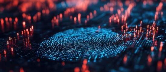 Poster - 3D illustration of a fingerprint scan illustrating biometric identification for secure access highlighting themes of fingerprint hacking and digital security through binary code