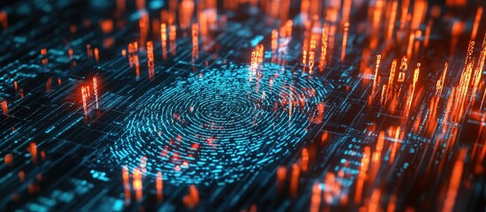 Poster - 3D illustration of a fingerprint scan illustrating biometric identification for secure access highlighting themes of fingerprint hacking and digital security through binary code