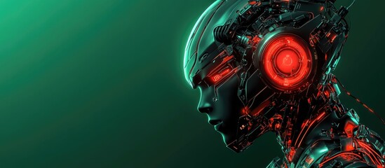 Poster - 3D illustration of a futuristic AI character featuring elements of machine digital design and cyborg concepts set against a gradient green and black background with empty space for text