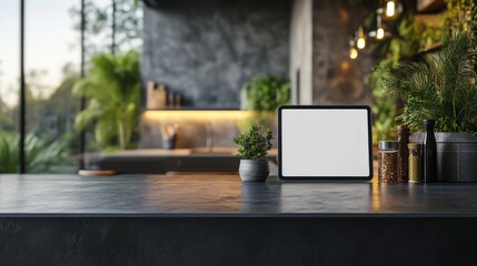 Poster - A 3D render of a blank screen tablet on a futuristic kitchen counter