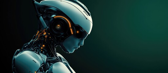 Poster - 3D illustration of a futuristic AI character featuring elements of machine digital design and cyborg concepts set against a gradient green and black background with empty space for text