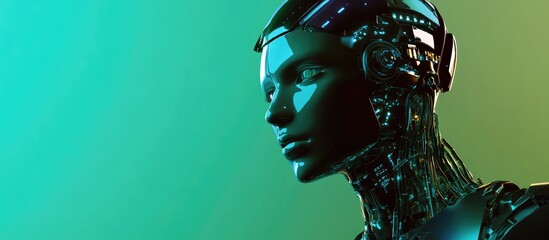 Poster - 3D illustration of a futuristic AI character featuring elements of machine digital design and cyborg concepts set against a gradient green and black background with empty space for text