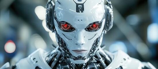 Poster - 3D illustration of a futuristic humanoid robot gazing directly at the viewer showcasing advanced technology and design