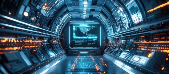 Poster - 3D illustration of a futuristic spaceship corridor with visible wires a monitor with a keyboard and metallic walls