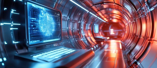 Poster - 3D illustration of a futuristic spaceship corridor with visible wires a monitor with a keyboard and metallic walls