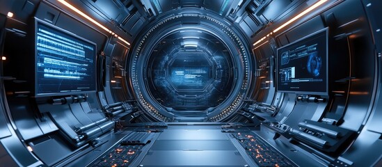 Poster - 3D illustration of a futuristic spaceship corridor with visible wires a monitor with a keyboard and metallic walls