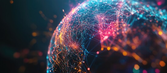 Poster - 3D illustration of a global network Visualization of neural connections in AI featuring an abstract futuristic design with colorful polygonal mesh elements