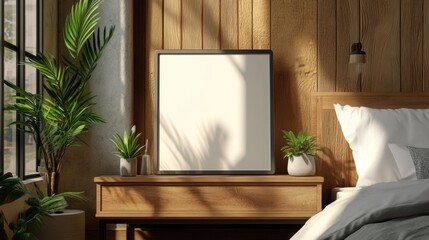 Poster - A 3D render of a blank screen tablet on a modern nightstand
