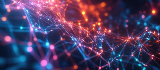 Poster - 3D illustration of a global network Visualization of neural connections in AI featuring an abstract futuristic design with colorful polygonal mesh elements