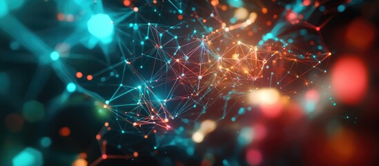 Poster - 3D illustration of a global network Visualization of neural connections in AI featuring an abstract futuristic design with colorful polygonal mesh elements