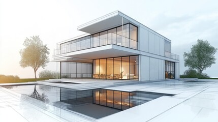 Poster - 3D illustration of a house architecture design sketch