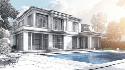 Poster - 3D illustration of a house architecture design sketch