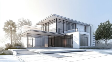 Poster - 3D illustration of a house design and architectural building sketch