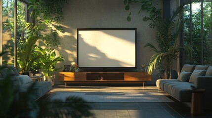 Poster - A 3D render of a blank screen TV in a sleek, modern living room