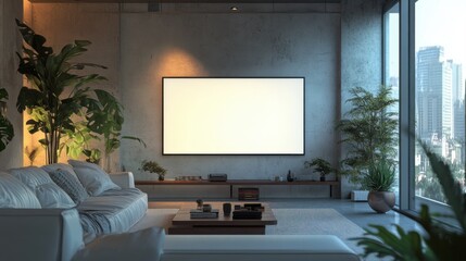 Poster - A 3D render of a blank screen TV in a sleek, modern living room