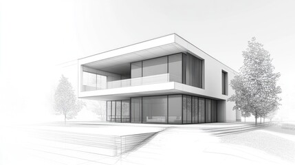 Poster - 3D illustration of a house design featuring an architectural sketch of a building