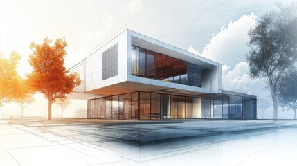 Poster - 3D illustration of a house design featuring an architectural sketch of a building