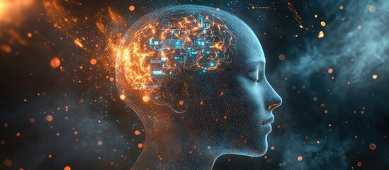 Aufkleber - 3D illustration of a human head incorporating technological symbols exploring themes of consciousness intellect and artificial intelligence in the Mind Waves series