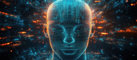 Aufkleber - 3D illustration of a human head incorporating technological symbols exploring themes of consciousness intellect and artificial intelligence in the Mind Waves series