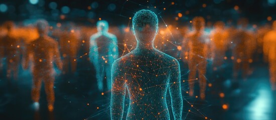 Poster - 3D illustration of a human hologram representing interconnected individuals within social networks