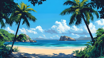 Wall Mural - panorama of tropical beach with coconut palm trees