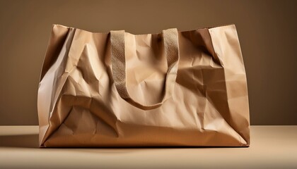 Recyclable organic paper bag with creased craft texture and light brown color used as background