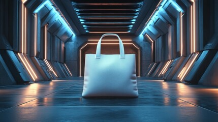 Poster - a 3d render of a blank tote bag on a futuristic shelf