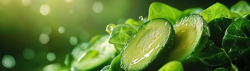 Fresh cucumber slices surrounded by vibrant green leaves, perfect for health and wellness themes.