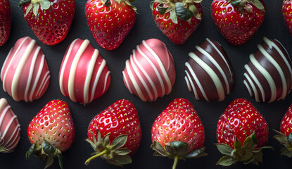 Wall Mural - A row of strawberries with chocolate drizzles on top. The strawberries are arranged in a line, with some of them being larger than others