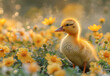 © Vadim - A baby duck is standing in a field of yellow flowers. Concept of innocence and purity, as the duck is surrounded by the beauty of nature.