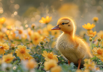 a baby duck is standing in a field of yellow flowers. concept of innocence and purity, as the duck i