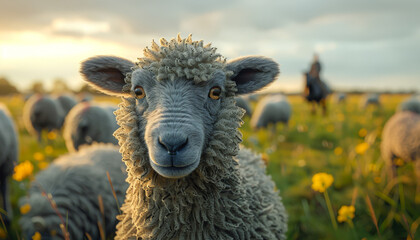 Wall Mural - A sheep is standing in a field with other sheep