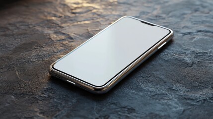 A 3D render of a futuristic smartphone with a blank screen for app mockup