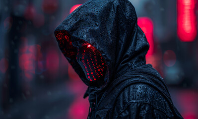 A person is wearing a hoodie and has a glowing face. The image has a futuristic and mysterious vibe