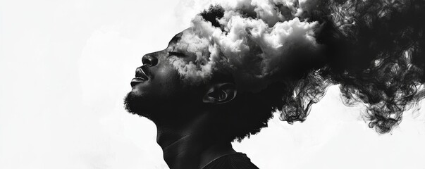 Wall Mural - Surreal black and white portrait of man merging with clouds