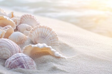 Wall Mural - scattered seashells on sunny beach sand