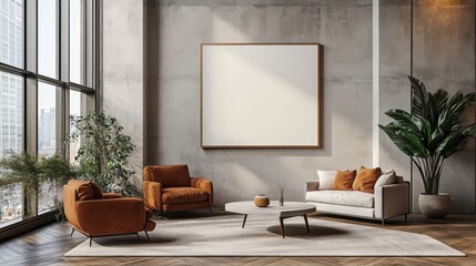 Poster - A 3D render of a modern living room with a blank canvas on the wall for artwork mockup