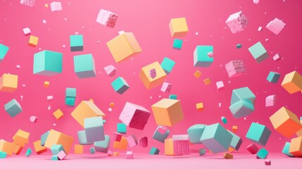 Wall Mural - Abstract pink background with colorful floating cubes and geometric shapes.