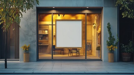 Poster - A 3D render of a storefront window with a blank poster for retail mockup