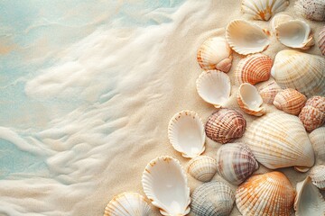 Wall Mural - seashells scattered on beach with waves washing ashore