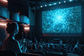 Female teacher presents data science with AI neural network. Startup education.