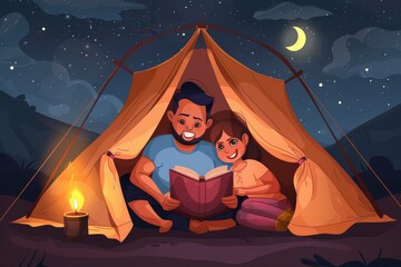 Family Reading: Parents and Daughter Reading Book with Torch in Home Tent at Night