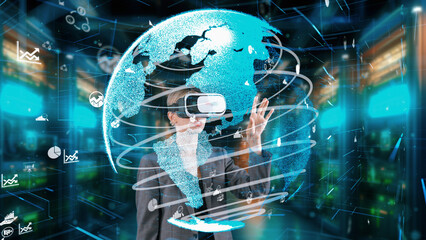 Wall Mural - Woman searching dynamic market data using hand sliding world analysis monitor by VR of future global innovation interface digital infographic network technology visual hologram animation. Contraption.