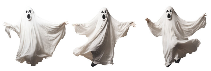 Canvas Print - Three ghosts dressed in white sheets are dancing and having fun for Halloween. This image represents spooky fun, Halloween celebration, and ghostly figures.