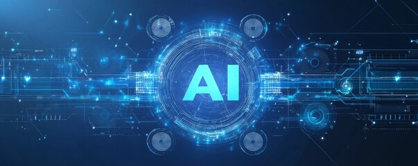 Poster - Futuristic AI technology concept with glowing blue interface on a digital background