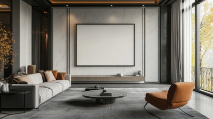 Poster - A blank screen TV mounted on a wall in a modern living room