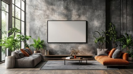 Poster - A blank screen TV mounted on a wall in a modern living room