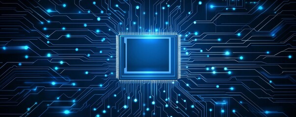 Poster - Close-up of a blue circuit board with glowing lines and chip